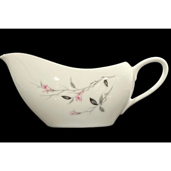 Cherry Blossom Gravy Pitcher Boat Handled 8.5" Pink Gray Fine Bone China Vtg - Picture 3 of 6